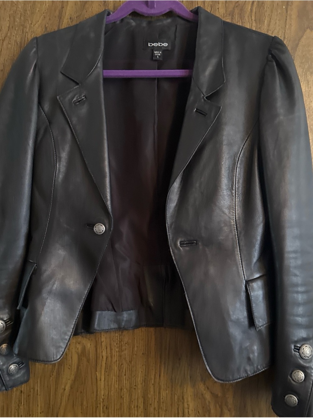 bebe Black Leather Notch-Lapel Blazer